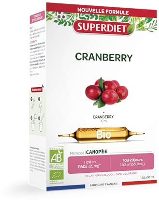 SUPERDIET – CRANBERRY BIO – 25 mg de ProAnthoCyanidines – Fabrication française – 20 ampoules de 10 ml