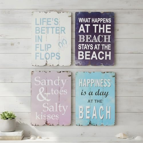 levandeo 4 väggmålningsset av trä, 28 x 21 cm – 4 träbilder med somriga talesätt – sommar, strandbilder, väggobjekt, maritim, dekoration, strand, ordstäv, 4 delar.