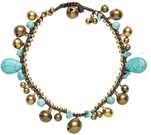 81stgeneration Fußkettchen aus Goldfarbenem Messing mit Perlen und Türkisfarbenen Perlen | Fußkettchen im Indischen Stil | Fußschmuck für Damen | Fußkettchen mit Baumelnden Perlen und Blauem Edelstein