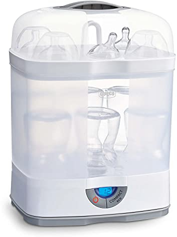 Chicco 3-in-1-Sterilisator, natürlicher und einstellbarer Dampfsterilisator für Babyflaschen, mikrowellengeeignet, mit 3 Konfigurationen, einfach zu bedienen, bis zu 6 Flaschen à 330 ml, weiß