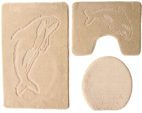 Ilkadim Delphin Badgarnitur 3 TLG. Set 55x85 cm einfarbig, WC Vorleger mit Ausschnitt für Stand-WC (beige)