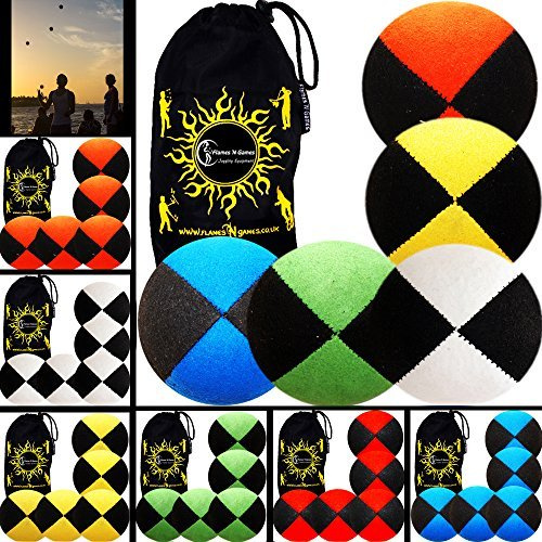 Flames 'N Games 5x Pro Thud Juggling Balls (SUEDE) Professional Juggling Balls Set of 5 + Travel Bag! (Multicolour)