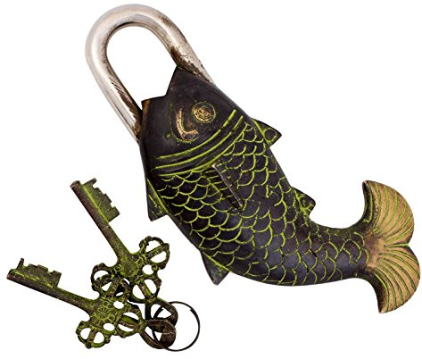 Exotic India Fisch-Pad-Schloss, Schlüsselschloss, 6,3 cm breit, 17,8 cm hoch, Messing, Schwarz und Grün