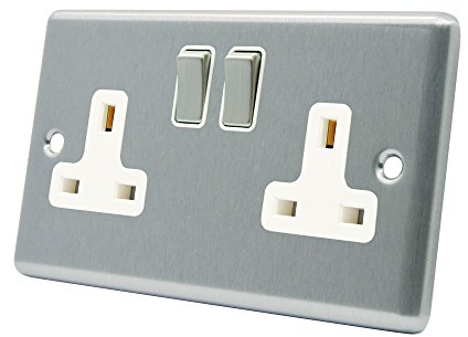 AET CSC2GSOCWS 13 A 2-Gang Satin Finish Chrome Classical Double Plug Socket with White Insert Metal Rocker Switch