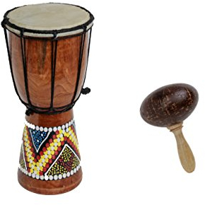 60cm Anfänger Djembe Trommel Bongo Drum Holz Bunt Bemalt + Kokos Rassel Maraca R2