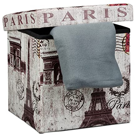 Relaxdays Faltbarer Sitzhocker 38 cm stabiler Sitzwürfel mit trendigen Motiven als praktische Fußablage als Sitzwürfel mit bedrucktem Kunstleder als Aufbewahrungsbox mit Stauraum und Deckel, Paris