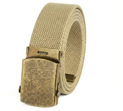 BC Belts Canvas Web Belt Military Style with Antique Brass Buckle and Tip 50 Long (Khaki)