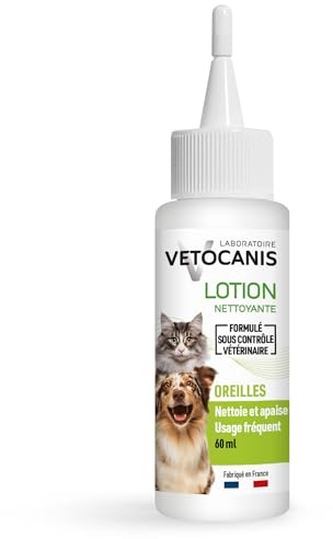 Vetocanis - Nettoyant Oreilles Chien et Chat - Hygiène du Chien et du Chat Toutes Tailles et Tous Âges - Lotion pour Oreilles Chat et Chien avec Formule à base d'Extraits de Plantes, Blanc, 60 ml