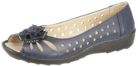 Boulevard Womens Wide Fit Leather Lined Open Peep Toe Flower Summer Shoes Blue 7