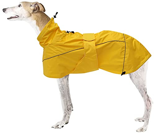 Greyhound Lurcher Raincoat, Whippet Rain Gear with Reflective Bar, Rain/Waterproof, Adjustable Bands and drawstring in Autumn and winter - Yellow - M