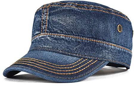 VOBOOM Washed Cotton Military Cadet Army Caps Unique Design Vintage Flat Top Hat (Denim Dark Blue)