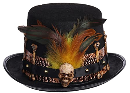 COSDREAMER Damen Voodoo-Hüte Hexe Doktor Hut Totenkopf Federn Hut (braun)