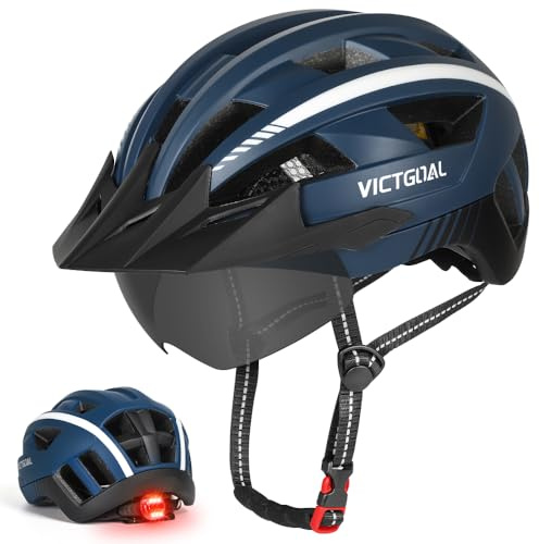 VICTGOAL Bike Helmet for Men Women with Led Light Detachable Magnetic Goggles Removable Sun Visor Mountain & Road Bicycle Helmets Adjustable Size Adult Cycling Helmets (M: 54-58 cm, Navy Blue)