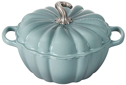 Le Creuset Enameled Cast Iron Figural Pumpkin Cocotte with Stainelss Steel Figural Knob, 4Qt, Sea Salt