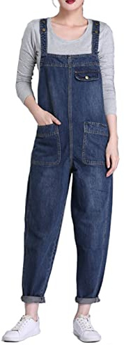 Jamron Femmes Grande Taille Salopette en Denim Stretch Combinaison Longue à Bretelles Pantalon Jean à Jambe Droite Bleu XXL