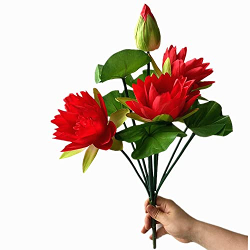 forestmistry 2pcs Red Lotus Artificial Flower Bouquets Faux Silk Water Lily Flower Bunch 10 Forks Fake Flower Stems for Hotel Shop Office Wedding Floral Decoration (red)
