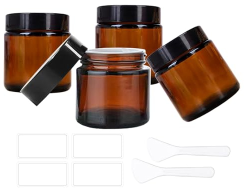 BEGIKET 4 Pack 2 oz Amber Glass Jars with Lids，60ml Empty Round Glass Jar with Inner Liners and black Lids,Cosmetic Containers for Storing Cream,Ointments,Lotion (Amber - Black Lid)