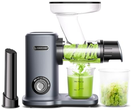AMZCHEF Juicer Compacto Con Dos Modos De Alimentación Para Uun Uso Fácil - Extractor De Zumos Y Verduras Silencioso De Alta Tecnología Con Masticación Inversa Y Un Rendimiento De Zumo Ultra Alto