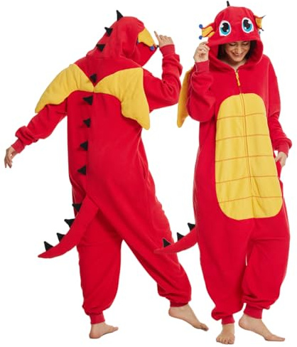 Laahoem Animal Dragon Pyjama Unisexe Adulte zippé Capuche Homme Femme Combinaison Costume Cosplay Vêtements Nuit Red M