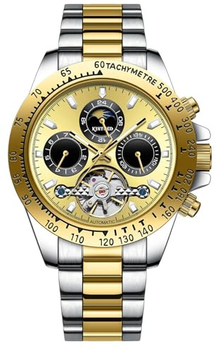 HFWXYSA Hommes Automatique Mécanique Montres Mode Phase Lunaire Imperméable Analogique Acier Inoxydable Évider Tourbillon Montre pour Homme,d'or