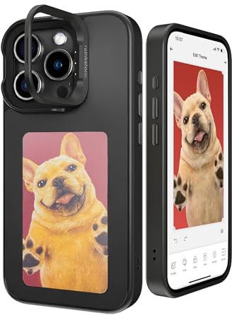 reinkstone Inkplay E-Ink Screen Handyhülle für iPhone 13 Pro mit Ständer aus Aluminiumlegierung, NFC Smart DIY Schutzhülle, hohe Wiederherstellung, stoßfest, kabellos, Schwarz