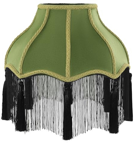 MABOZOO Victorian Lamp Shade, Velvet Vintage Lampshade with Tassel and Fringe, 6.4x13x12.3 Bell Shape Scallop Lampshades for Table, Floor and Bedside Lamps (Olive Green)