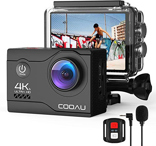 COOAU Action Cam HD 4K 64MP WiFi EIS Stabilisierung mit externem Mikrofon Unterwasserkamera 40M mit Fernbedienung wasserdichte Videokamera 170° Weitwinkel Zeitraffer/2 Akkus 1350mAh/Zubehör (Black)
