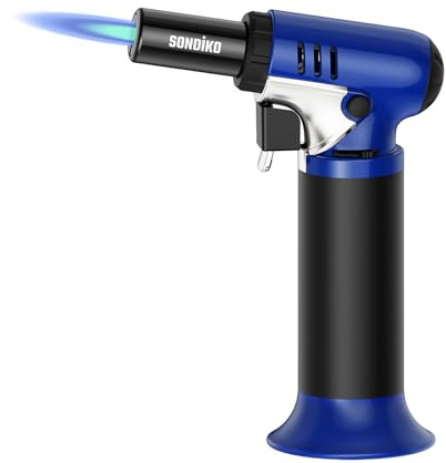 Sondiko Kitchen Blow Torch with Fuel Gauge S907, Refillable Soldering Torch Lighter with Safety Lock and Adjustable Flame for Desserts, Creme Brulee, Welding, Blue & Black (Butane Not Included)