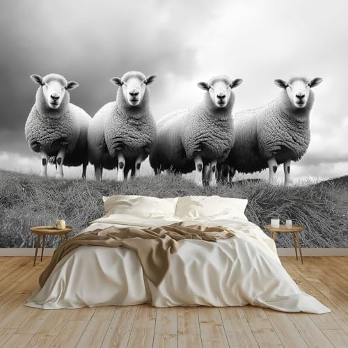 Art Papel Tapiz Fotográfico Oveja Animal De Pastizal Papel Pintado no Tejido 200x140 cm Lana Decoración de Pared Sala Cuarto Póster Mural para Sala de estar Dormitorio Decoración, Gris