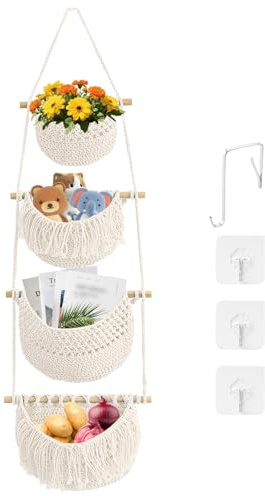 Yiomxhi 4 Stöckig Hängender Organizer Wand Hängekorb, Baumwollseil Hängeorganizer Tür Wandkorb mit 4 Haken, Abnehmbarer Obstkorb Boho Deko für Küche Kinderzimmer Wohnzimmer, Beige