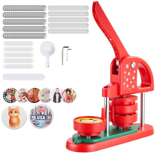 VEVOR Macchina per Spille Rotonde, Macchina Punzonatrice con 100 pezzi Kit per Fustellatrice Manuale per Badge 58 mm, Impugnatura Ergonomica, per Spille Personalizzate Fai da te, Rosso