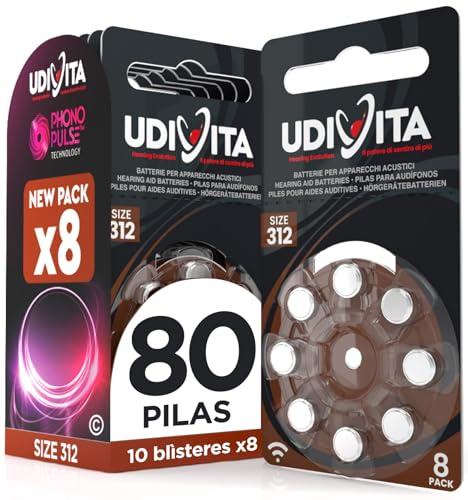 80 Piles Auditives Taille 312 Udivita PR41 (Marron) Technologie Phono Pulse - 10 Blisters de 8 Piles