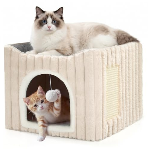 Avont Cama Plegable para Gatos de Interior, Casa Cúbica para Gatos con Superficie para Afilar Uñas, Cama Cueva Plegable Adecuada para Gatitos –Crema
