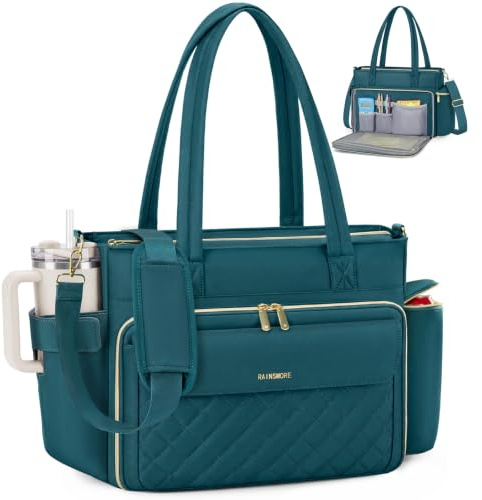 RAINSMORE Sac Ordinateur Femme Sac de Travail 15.6 Pouces, Vert foncé | Sac de Professeur avec Poche Grand Porte-Gobelet, Imperméable, pour Bureau Université