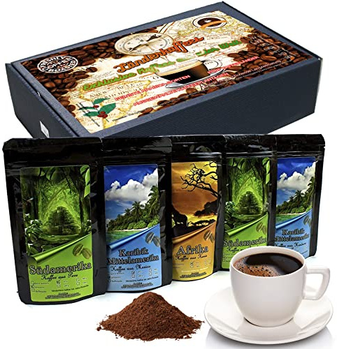 C&T Kaffee Geschenkset - 5 verschiedene Kaffees aus aller Welt - Gemahlen - Single Origin Kaffee frisch geröstet im Trommelröstverfahren - Probierpaket & Geschenk für Männer und Frauen