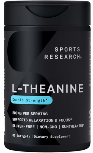 Sports Research Double Strength L-Theanine Supplement - Suntheanine Softgels for Focus, Relaxation & Alertness - Non-Drowsy Support Made with Coconut Oil, Non-GMO & Gluten Free - 200mg, 60 Count