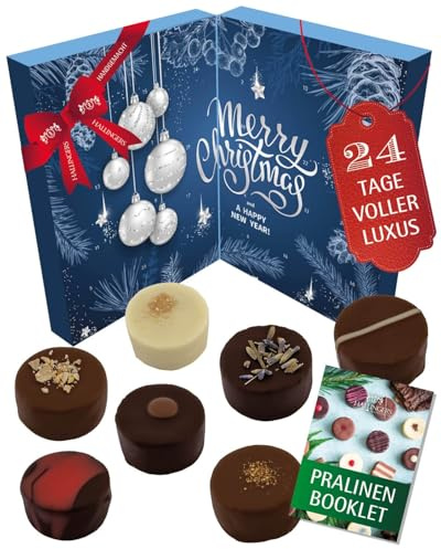 Hallingers Genuss Manufaktur Pralinen Adventskalender - mit & ohne Alkohol, handgemacht aus zartschmelzendem Edelkakao in hochwertigem Softfeel-Karton Blue Christmas, Weihnachtskalender