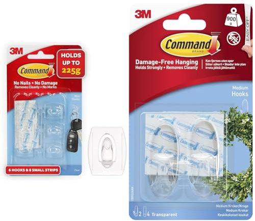 Command Mini Hooks and Adhesive Strips, Pack of 6 Hooks and 8 Strips, Transparent - Damage Free Hanging - Holds up to 900 gm