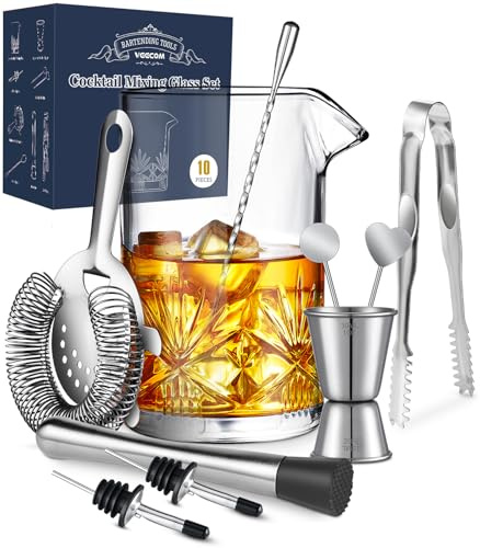 Cocktail Mixing Glass, veecom 18oz Mixing Glass 10 Piece Old Fashioned Kit, Cocktail Mixing Glass Set Bartender Kit with Cocktail Strainer, Muddler, Spoon, Jigger, Ice Tongs, Picks, Pourers, Bar Set