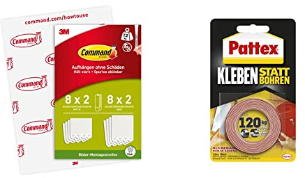 Command Bilder-Montagestreifen, Bildaufhänger, Vorteilspack mit 8x2 Größe L und 8x2 Mittel, Weiß - Befestigung ohne Bohren & Pattex Kleben statt Bohren Klebeband, 19mm x 1,5m