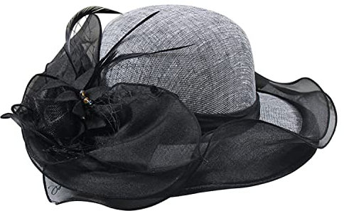 Petalum Hochzeitshut Vintage 50er Jahre Damen Chic Capeline Kirche Elegant Fascinator Hut Sonnenhut mit Schleier Band aus Netzstoff Feder Blumen für Cocktail Braut Zeremonie, Schwarz , One size