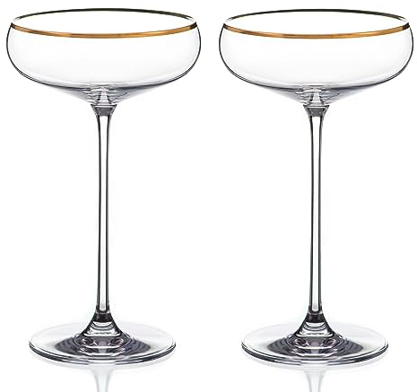 DIAMANTE Crystal Champagne Coupes Cocktail Saucers Elegance with Hand Painted Real Gold Rim - Set of 2