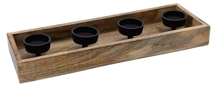 Mango Adventskerzen Halter 34 x 12 cm - für 4 Teelichter - Holz Kerzentablett mit Metall Kerzentellern - Deko Teelichthalter Kerzenleuchter Kerzenhalter Kerzenständer Adventskranz Advent Tischdeko