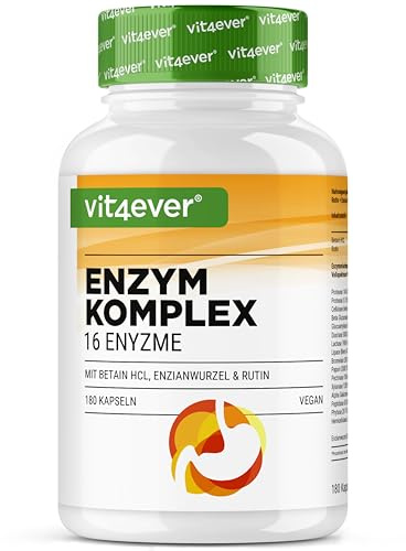 Enzimas Digestivas - 180 Cápsulas con 16 Enzimas más Betaína HCL, Rutina y Raíz de Genciana - Con Bromelina, Papaína, Amilasa, Lipasa, Proteasa, Lactasa - Vegano - Alta Dosis