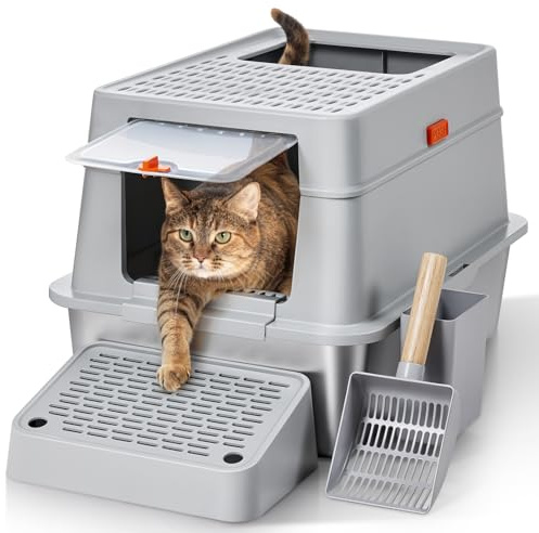 The Fellie Stainless Steel Cat Litter Box, Enclosed Litter Tray with Hood, Cat Litter Box Extra Large with Scoop & Pedal, Non-Odor, High Sided with Anti-Leakage, Carbon Filter, Grey