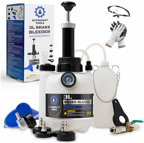 Autokraft Tools - Purgeur de Frein Voiture 3L - Pompe en Métal - Valve de Contrôle du Débit - Entonnoir, Gants et Lunettes de Sécurité Offerts - Bouteille de Collecte 1L