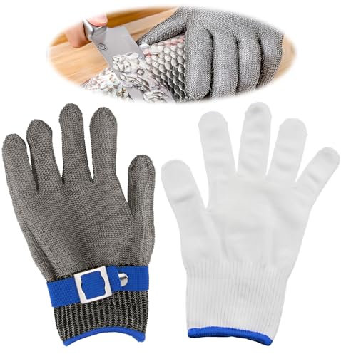 Gant Anticoupure Niveau 9 Taille L avec Doublure en Coton, Gant de Protection en Acier Inoxydable Maille Métallique pour Bricolage, Jardinage, Travail, Découpe