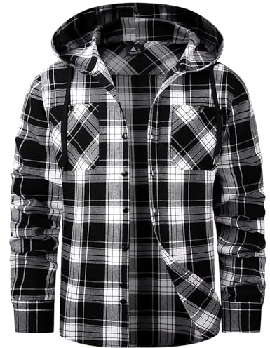 SwissWell Camisa Cuadros Hombre con Capucha Camisa Franela Manga Larga para Hombre con Casual Leñador Blanco-Negro M