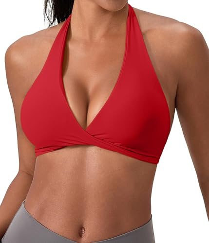 SPVISE Red Womens Halter Sports Bra Light Support V Neck Yoga Bras Padded Soft Strappy Open Back Workout Running Gym Tops
