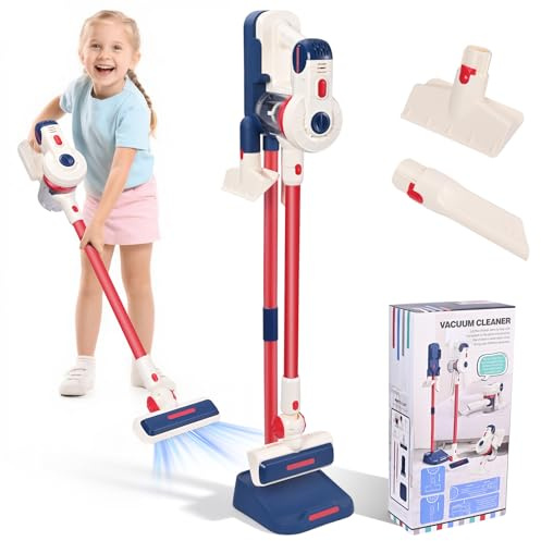 Toy Hoover, 3 In 1 Kids Vacuum Cleaner, with Interactive Light & Music, Kids Hoover with 3 Interchangeable Nozzles (Wide Nozzle & Straight Nozzle & Slot Nozzle) & Storage Stand, Gift for Ages 2+ Years